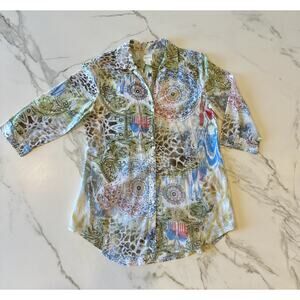Chicos Women's Size 1 Linen Top Multi colored 3/4 Sleeve Button Down Tunic
